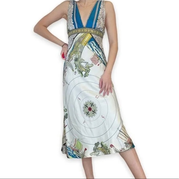 Nicole Miller Collection Print Rhinestone Plunge Neck Silk Midi Dress - Picture 2 of 7